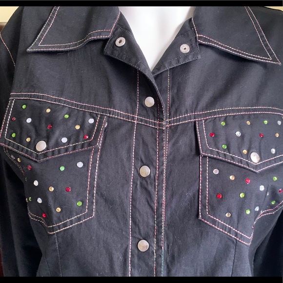 Black Cotton Collared Short Blazer Jacket colorful Jeweled beadings Rhinestones - Picture 14 of 16